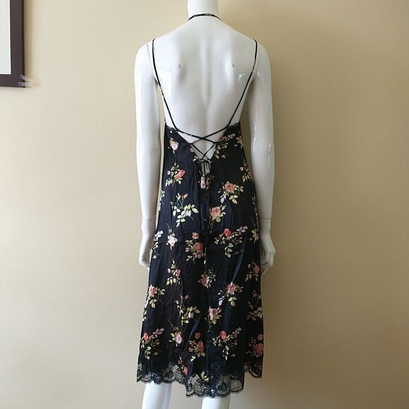 R13 Lace Back Slip Dress XS Black Pink Floral 100%Silk Lace Up Adjustable Strap - Picture 9 of 13